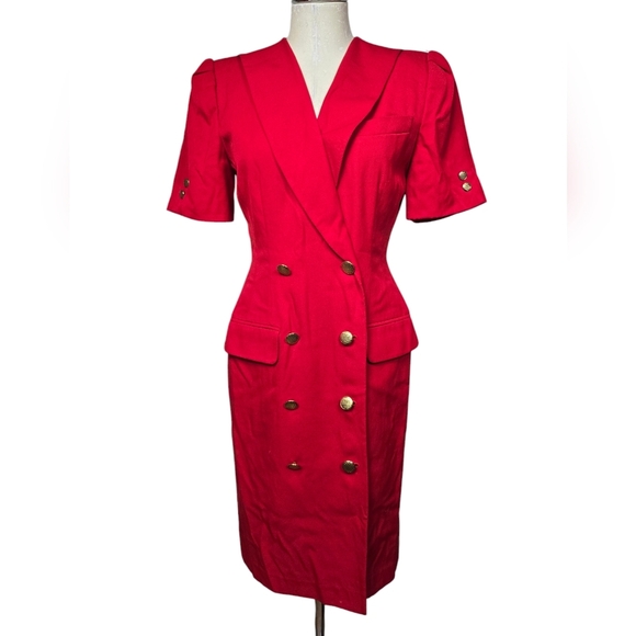 Kasper For A.S.L Petite Red Vintage Military Padded Gold Button Down Dress 4P - Picture 2 of 12